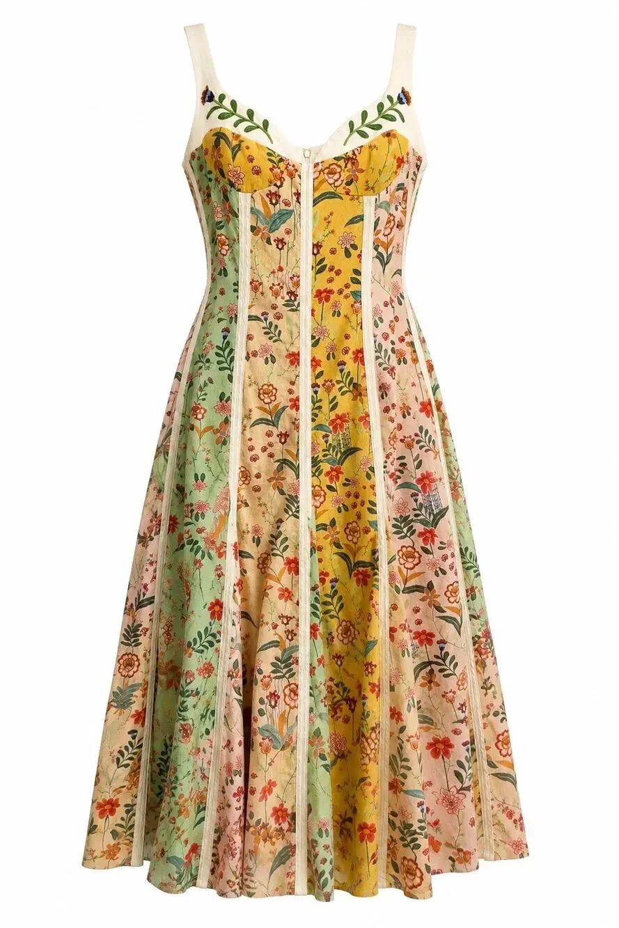 Christian Lacroix Floral Boho Midi Dress US 10 M Cottagecore Embroidered Peasant - Picture 1 of 12